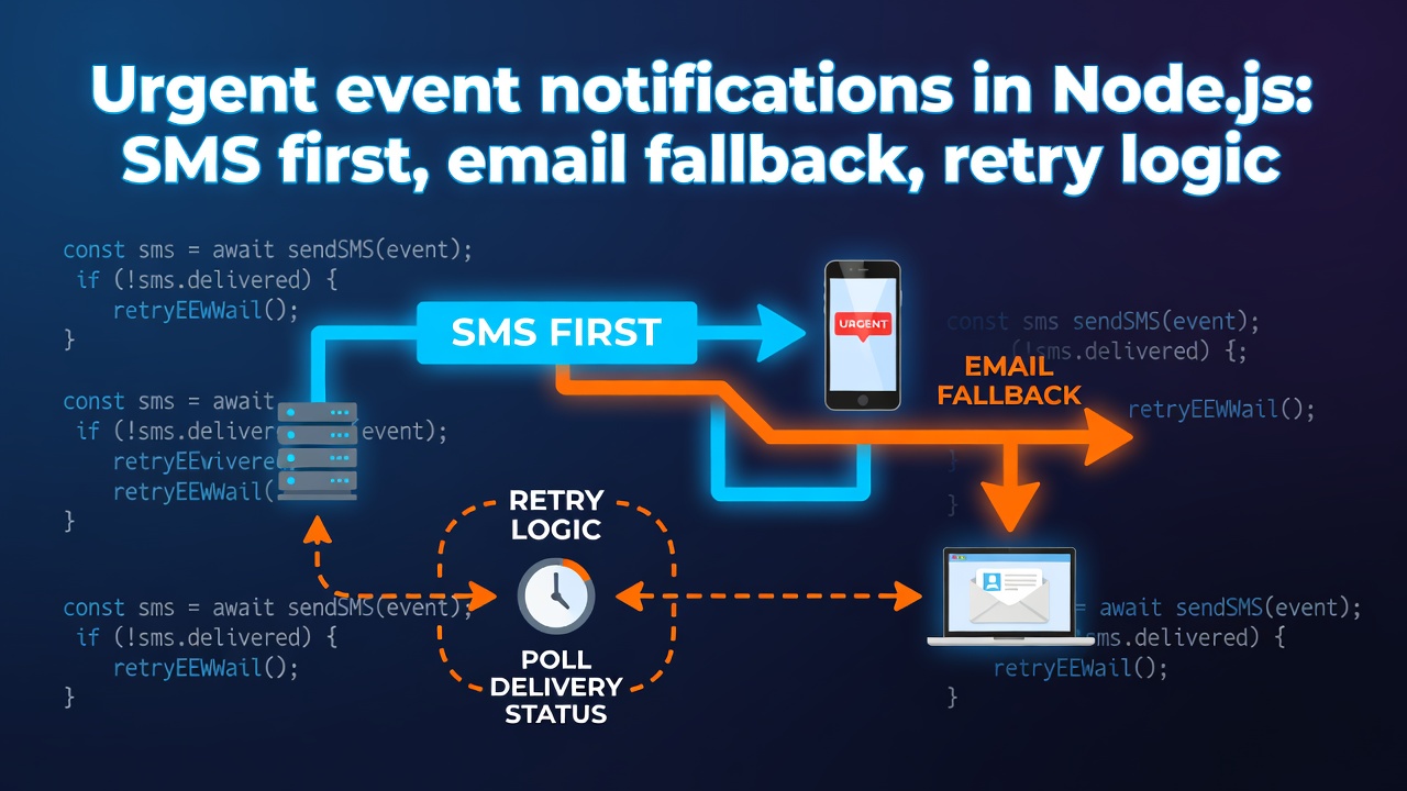 Urgent event notifications in Node.js: SMS first, email fallback, retry logic