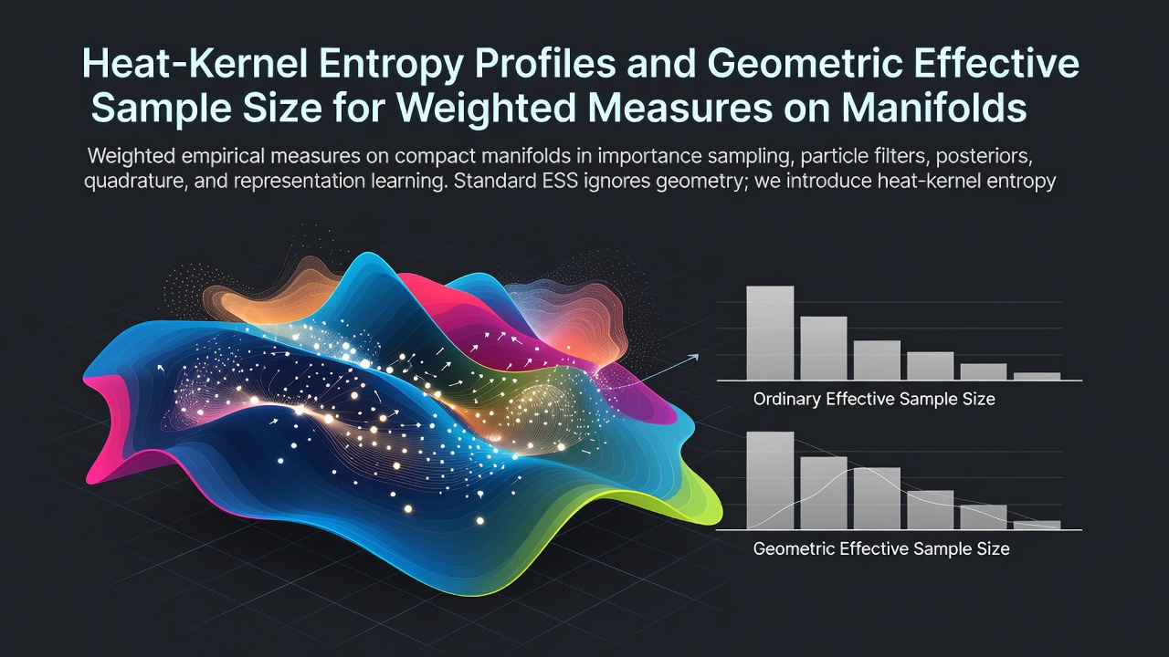 Heat-Kernel Entropy Profiles and Geometric Effective Sample Size for Weighted Measures on Manifolds