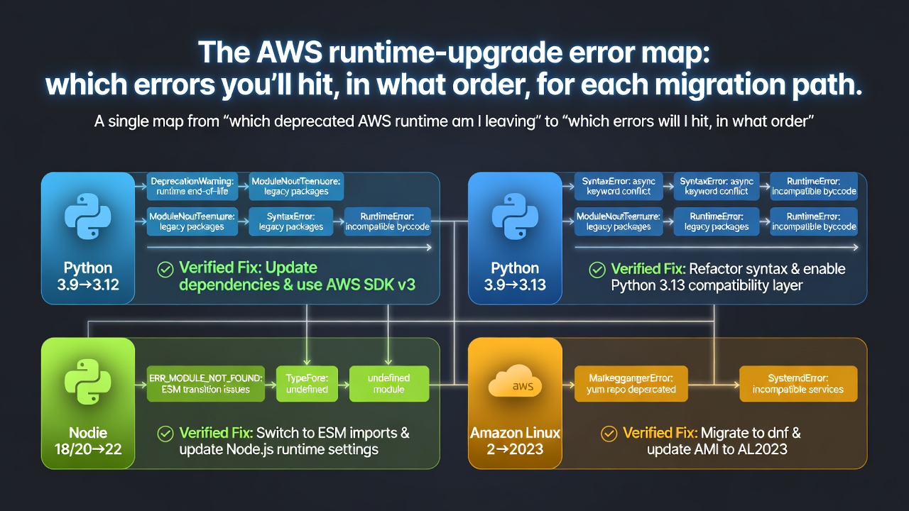 "The AWS runtime-upgrade error map: which errors you'll hit, in what order, for each migration path"