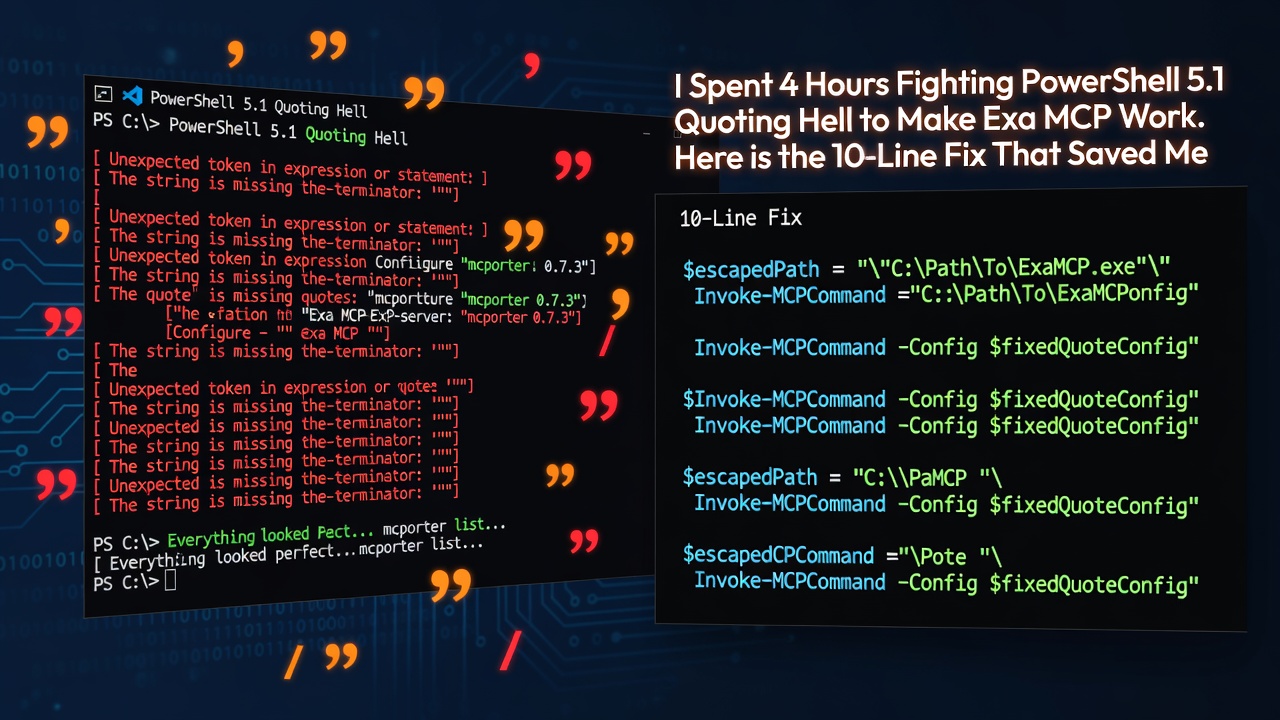 I Spent 4 Hours Fighting PowerShell 5.1 Quoting Hell to Make Exa MCP Work. Here is the 10-Line Fix That Saved Me