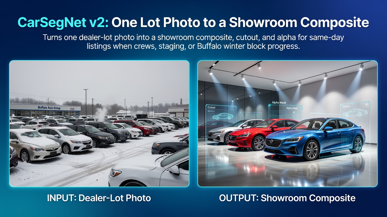CarSegNet v2: One Lot Photo to a Showroom Composite
