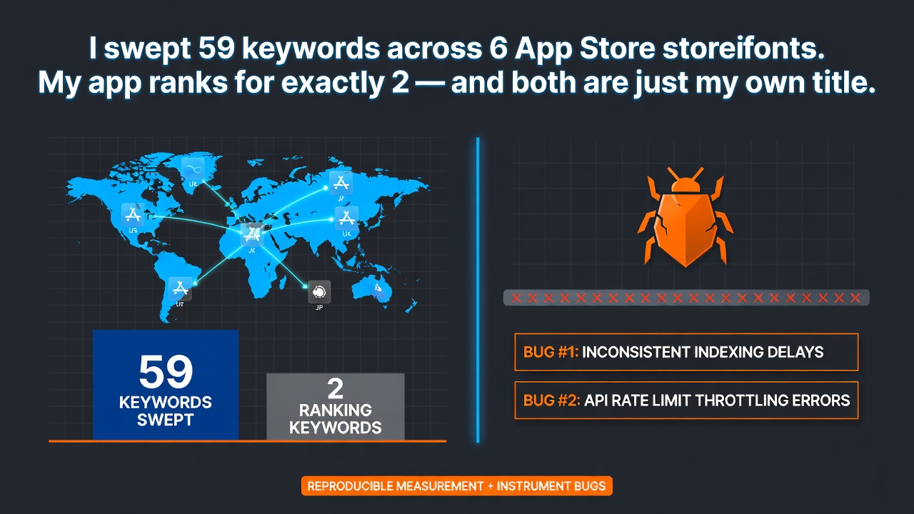 I swept 59 keywords across 6 App Store storefronts. My app ranks for exactly 2 — and both are just my own title.