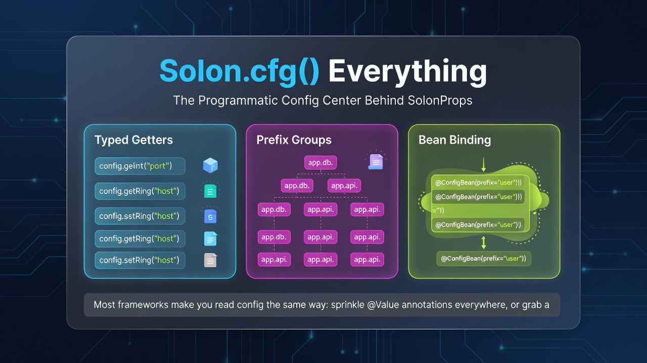 Solon.cfg() Everything: The Programmatic Config Center Behind SolonProps — Typed Getters, Prefix Groups, and Bean Binding