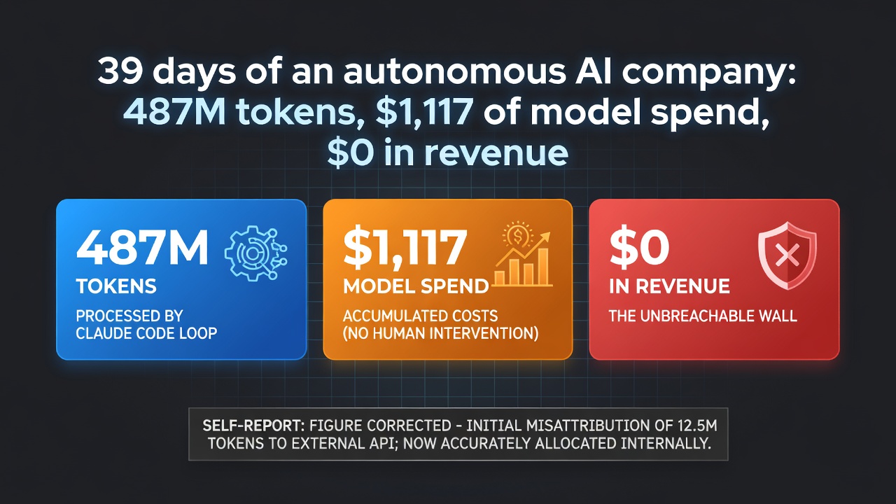 39 days of an autonomous AI company: 487M tokens, $1,117 of model spend, $0 in revenue